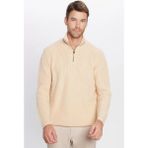 Tudors Erkek Slim Fit Dar Kesim Fermuarlı Bej Dik Yaka Triko Kazak