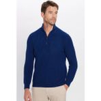 Tudors Erkek Slim Fit Dar Kesim Fermuarlı Sax Mavi Dik Yaka Triko Kazak - Saks Mavi