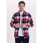 Tudors Erkek Slim Fit Dar Kesim Kareli Kışlık Oduncu Gömlek - Kırmızı - Lacivert