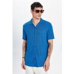 Tudors Erkek Slim Fit Dar Kesim Kısa Kollu Örme Doku Apaş Yaka Saks Mavi Gömlek