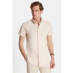 Tudors Erkek Slim Fit Dar Kesim Kısa Kollu Spor Yaka Oxford Doku Pamuklu Bej Gömlek