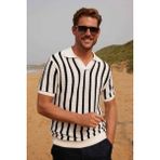 Tudors Erkek Slim Fit Dar Kesim Örme Nefes Alan Çizgili Kıvrılmaz polo Yaka T-Shirt - Ekru