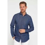 Tudors Erkek Slim Fit Dar Kesim Uzun Kollu %100 Pamuk Denim Kot Lacivert Gömlek