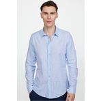 Tudors Erkek Slim Fit Dar Kesim Uzun Kollu %100 Pamuk Keten Doku Apoletli Mavi Gömlek