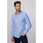 Tudors Erkek Slim Fit Dar Kesim Uzun Kollu %100 Pamuk Keten Doku Çift Cep Biyeli Mavi Gömlek