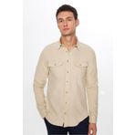 Tudors Erkek Slim Fit Dar Kesim Uzun Kollu %100 Pamuk Keten Doku Çift Cep Spor Yaka Taş Rengi Gömlek