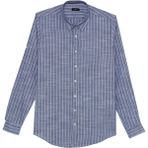 Tudors Erkek Slim Fit Dar Kesim Uzun Kollu %100 Pamuk Keten Doku Çizgili Gömlek - Lacivert - 2XL