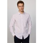 Tudors Erkek Slim Fit Dar Kesim Uzun Kollu %100 Pamuk Keten Doku Çizgili Gömlek