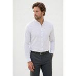 Tudors Erkek Slim Fit Dar Kesim Uzun Kollu %100 Pamuk Keten Doku Çizgili Hakim Yaka Gömlek - Saks Mavi - 2XL