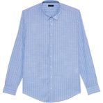 Tudors Erkek Slim Fit Dar Kesim Uzun Kollu %100 Pamuk Keten Doku Çizgili Mavi Gömlek
