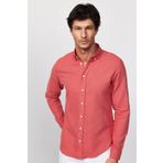 Tudors Erkek Slim Fit Dar Kesim Uzun Kollu %100 Pamuk Keten Doku Düğmeli Yaka Gül Kurusu Renk Gömlek