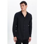Tudors Erkek Slim Fit Dar Kesim Uzun Kollu %100 Pamuk Keten Doku Hakim Yaka Siyah Gömlek