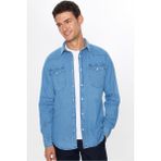Tudors Erkek Slim Fit Dar Kesim Uzun Kollu Çift Cepli Kapaklı Parça Dikişli Mavi Denim Kot Gömlek - XL