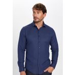 Tudors Erkek Slim Fit Dar Kesim Uzun Kollu Pamuklu Kolay Ütü Armürlü Lacivert Gömlek