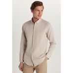 Tudors Erkek Slim Fit Dar Kesim Uzun Kollu Pamuklu Oxford Doku Kolay Ütü Taş Renk Düğmeli Yaka Gömlek - XL