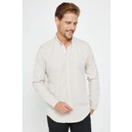 Tudors Erkek Slim Fit Dar Kesim Uzun Kollu Pamuklu Oxford Doku Kolay Ütü Taş Renk Düğmeli Yaka Gömlek