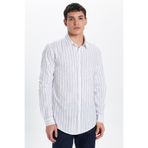 Tudors Erkek Slim Fit Dar Kesim Uzun Kollu%100 Pamuk Keten Doku Çizgili Gömlek, Beyaz, M Beden