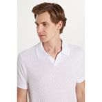 Tudors Erkek Slim Fit Dar Kesim Viskon Kumaş Desenli Düz Pike Düğmesiz Beyaz Polo Yaka Tişört