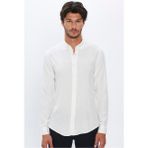 Tudors Erkek Slim Fit Dar Kesim Yün Viskon Düğmeli Yaka Beyaz Düz Gömlek - XL