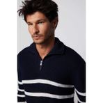 Tudors Erkek Slim Fit Fermuarlı Dik Yaka Çizgili Pamuklu Triko Kazak - Siyah - Beyaz - 2XL