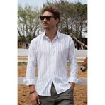 Tudors Erkek Slim Fit Uzun Kollu Çizgili Gömlek,%100 Pamuk Keten Doku, Beyaz, XL