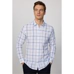 Tudors Erkek Slim Fit Uzun Kollu%100 Pamuk Keten Kareli Gömlek, Beyaz, S