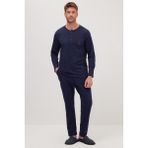 Tudors Erkek Standart Fit %100 Pamuk Bisiklet Yaka Beli Lastikli Lacivert Pijama Takımı - XL