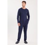 Tudors Erkek Standart Fit %100 Pamuk Bisiklet Yaka Beli Lastikli Lacivert Pijama Takımı