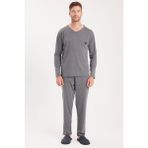 Tudors Erkek Standart Fit%100 Pamuk V Yaka Beli Lastikli Pijama Takımı,Gri Xl
