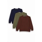 Tudors Erkek Sweatshirt, 3'lü Set, Kahverengi-Yeşil-Lacivert, Relax Fit,%100 Pamuk, Bisiklet Yaka, S Beden