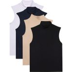 Tudors Kadın 4'lü Paket Beyaz-Lacivert-Bej-Siyah Regular Fit Viskon Kumaş Balıkçı Yaka Sıfır Kol Bluz - 2XL - Multi
