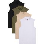 Tudors Kadın 4'lü Paket Siyah-Haki-Bej-Beyaz Regular Fit Viskon Kumaş Balıkçı Yaka Sıfır Kol Bluz - Multi - 2XL