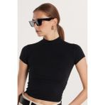 Tudors Kadın Modal Kumaş Slim Fit Dar Kesim Dik Yaka Siyah Bluz