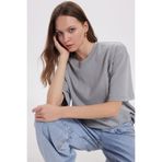 Tudors Kadın Oversize Geniş Kesim %100 Pamuk Yumuşak Dokulu Basic Bisiklet Yaka Gri Tişört Bluz