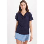 Tudors Kadın Oversize Rahat Kesim Asimetrik Yaka Kısa Kol Lacivert Viskon Bluz - XL