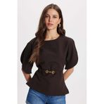 Tudors Kadın Slim Fit Dar Kesim Kol Detaylı İnce Kemerli Fermuarlı Kahverengi Bluz Gömlek