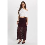 Tudors Kadın Slim Fit Dar Kesim Lastikli Yüksek Bel Dantelli Bordo Etek