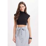 Tudors Kadın Slim Fit Dar Kesim Pamuklu Dik Yaka Sıfır Kol Siyah Crop Bluz