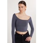 Tudors Kadın Slim Fit Dar Kesim Pamuklu Kayık Yaka Antrasit Bluz