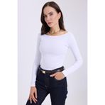 Tudors Kadın Slim Fit Dar Kesim Pamuklu Modal Kumaş Uzun Kollu Kayık Yaka Beyaz Bluz