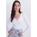 Tudors Kadın Slim Fit Dar Kesim Pamuklu V Yaka Beyaz Bluz