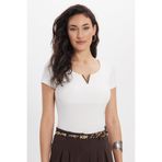 Tudors Kadın Slim Fit Dar Kesim Pamuklu V Yaka Kısa Kollu Ekru Bluz
