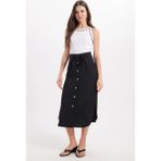 Tudors Kadın Slim Fit Dar Kesim Pileli Pamuklu Ön Düğme Kapamalı Kuşaklı Yırtmaçlı Siyah Etek - XL