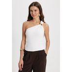 Tudors Kadın Slim Fit Dar Kesim Tek Omuz Tek Kol Doku Desenli Ekru Bluz
