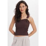 Tudors Kadın Slim Fit Dar Kesim Tek Omuz Tek Kol Doku Desenli Kahverengi Bluz