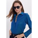 Tudors Kadın Slim Fit Dar Kesim Uzun Kollu Pamuklu Vücuda Oturan Dokulu Açık Petrol Basic Gömlek - XS