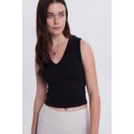 Tudors Kadın Slim Fit Dar Kesim V Yaka Sıfır Kol Pamuklu Ribanalı Bluz,Siyah Xl