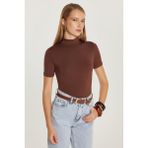 Tudors Kadın Standart Fit Kısa Kollu Yarım Balıkçı Yaka Kahverengi Bluz - XL