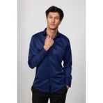 Tudors Modern Slim Fit Uzun Kollu Düz Saten Pamuklu Lacivert Erkek Gömlek - XL