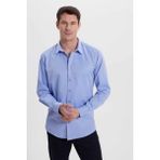 Tudors Modern Slim Fit Uzun Kollu Pamuklu Kolay Ütü Armürlü Saks Mavi Erkek Gömlek